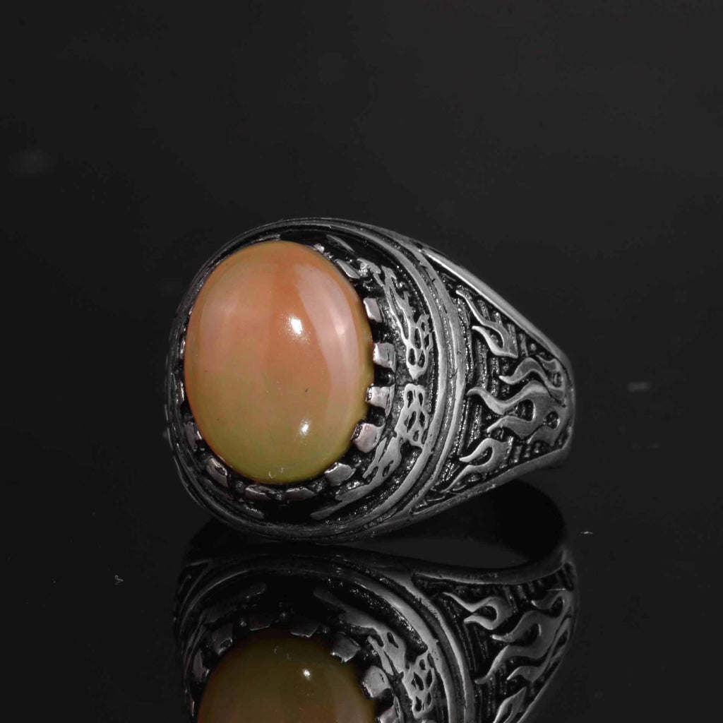 KAMBO Natural Opal 925 Sterling Silver Men's Ring – Fire-Inspired Side Design Handmade Statement Ring (Style-8) — 5