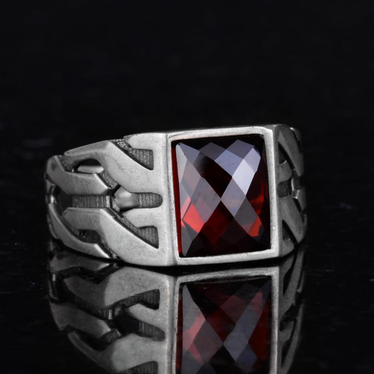 KAMBO Silver Greek Keychain, Created Garnet Stone - Handmade Ring for Capricorn Passion and Strength — 4
