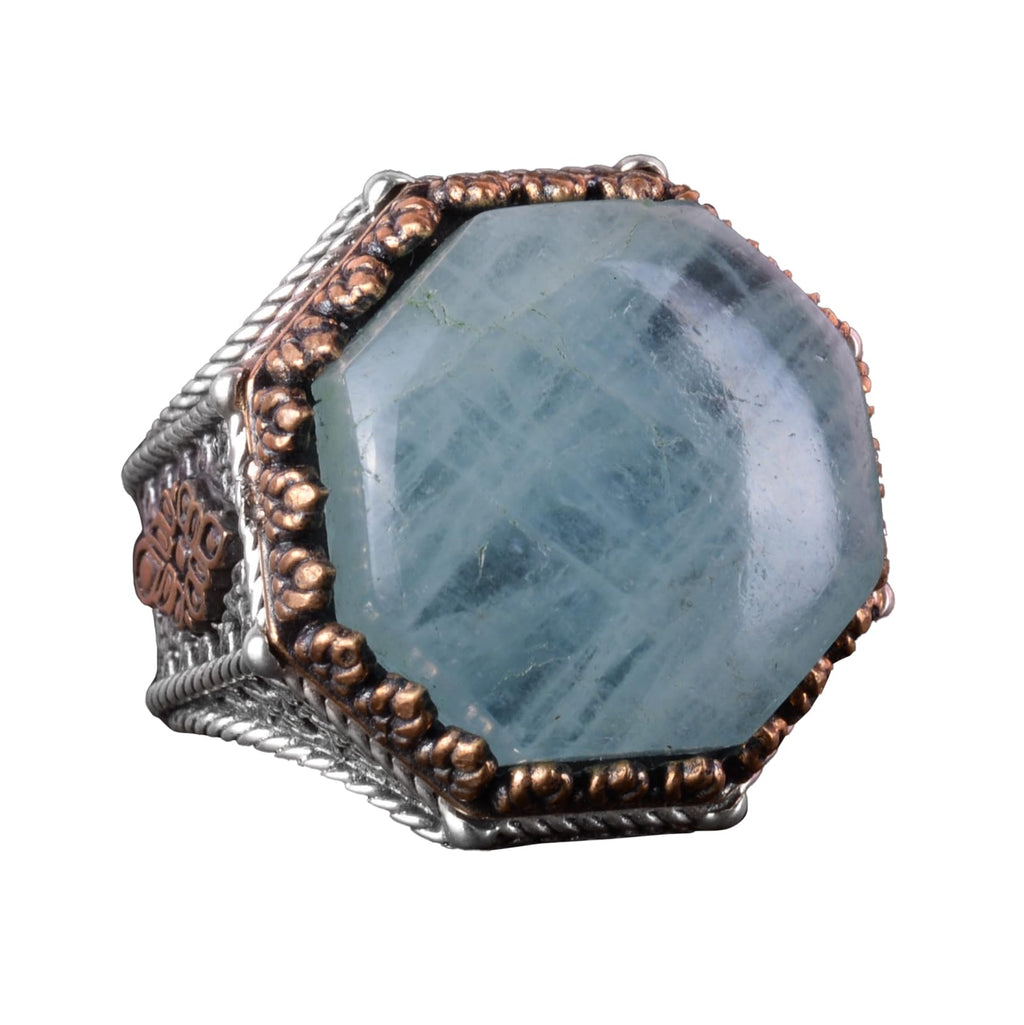 Natural Aquamarine Stone Ring - Octagonal Design - Handmade 925 Sterling Silver Jewelry