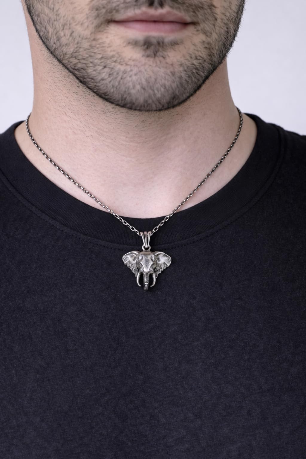 KAMBO 925 Sterling Silver Elephant Necklace – Detailed Elephant Head Necklace – Oxidized Animal Totem Men's Statement Jewelry — 3