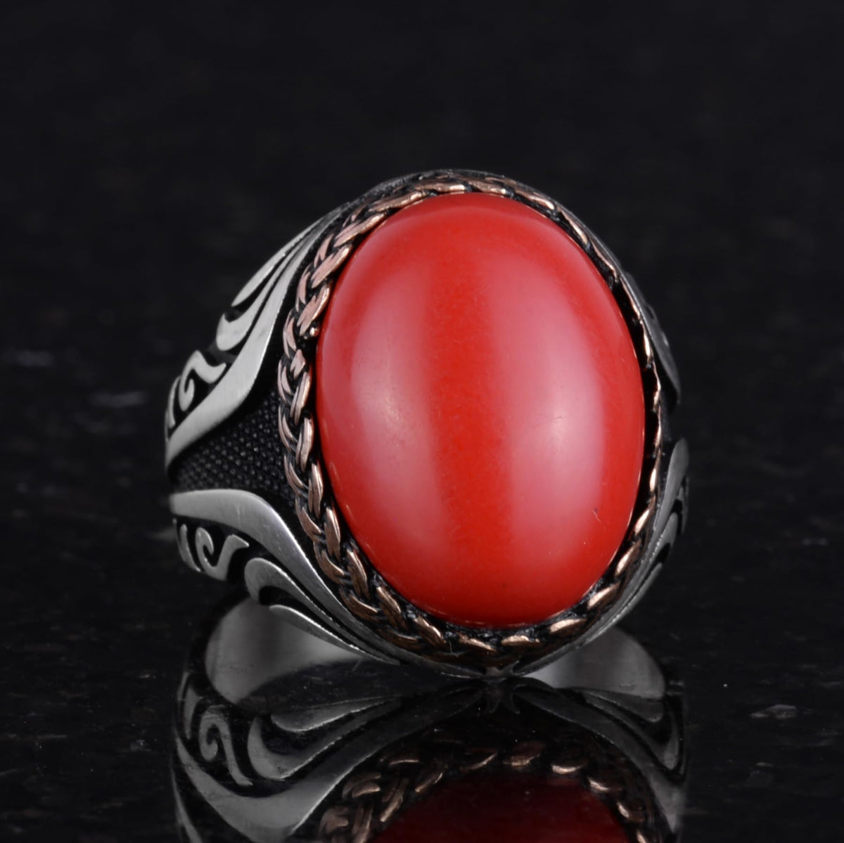 925 Sterling Silver Ring - Artificial Stone Silver Ring - Handmade Ring (Artificial Red Coral) — 5