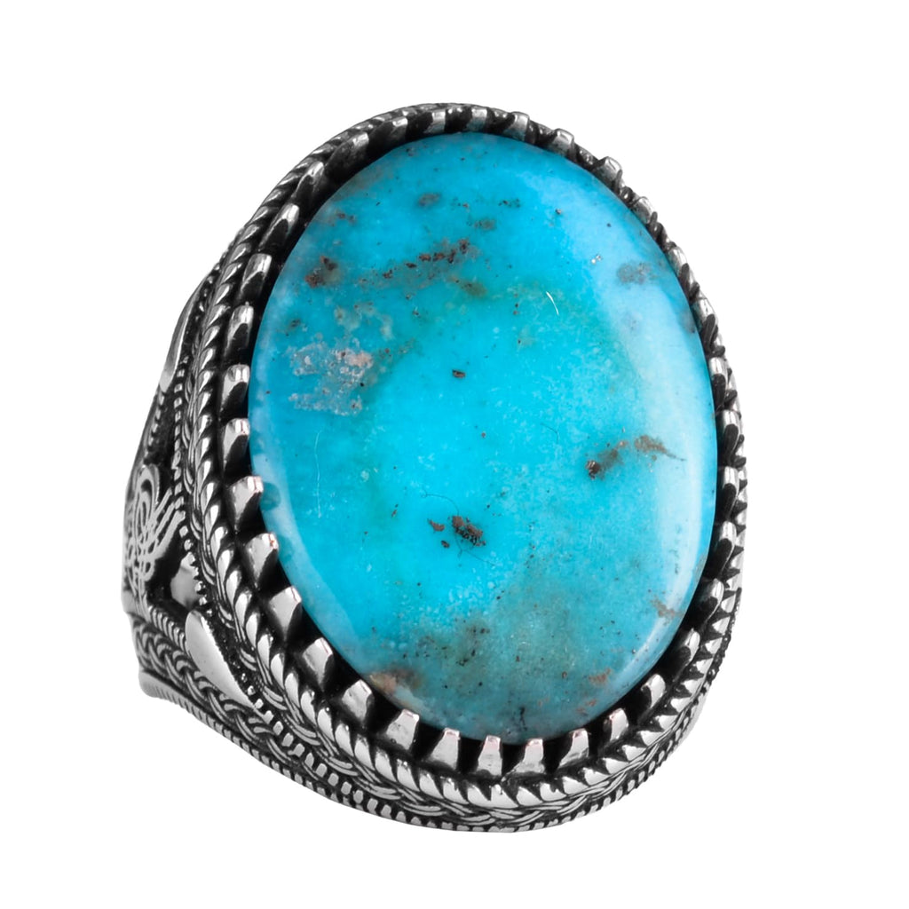 KAMBO Ottoman Tugra Design Natural Turquoise Stone Ring - 925 Sterling Silver Handmade Men's Ring (Style-5)