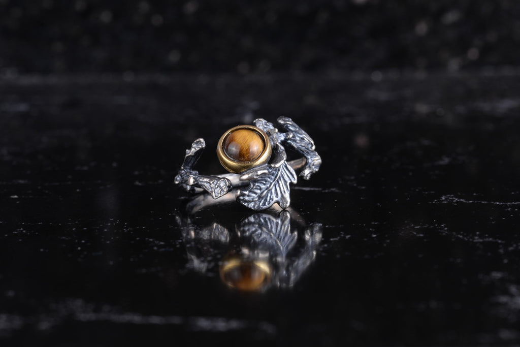 KAMBO Natural Tiger's Eye Stone Women's Ring 925 Sterling Silver Branch Design Adjustable Handmade Ring — 4