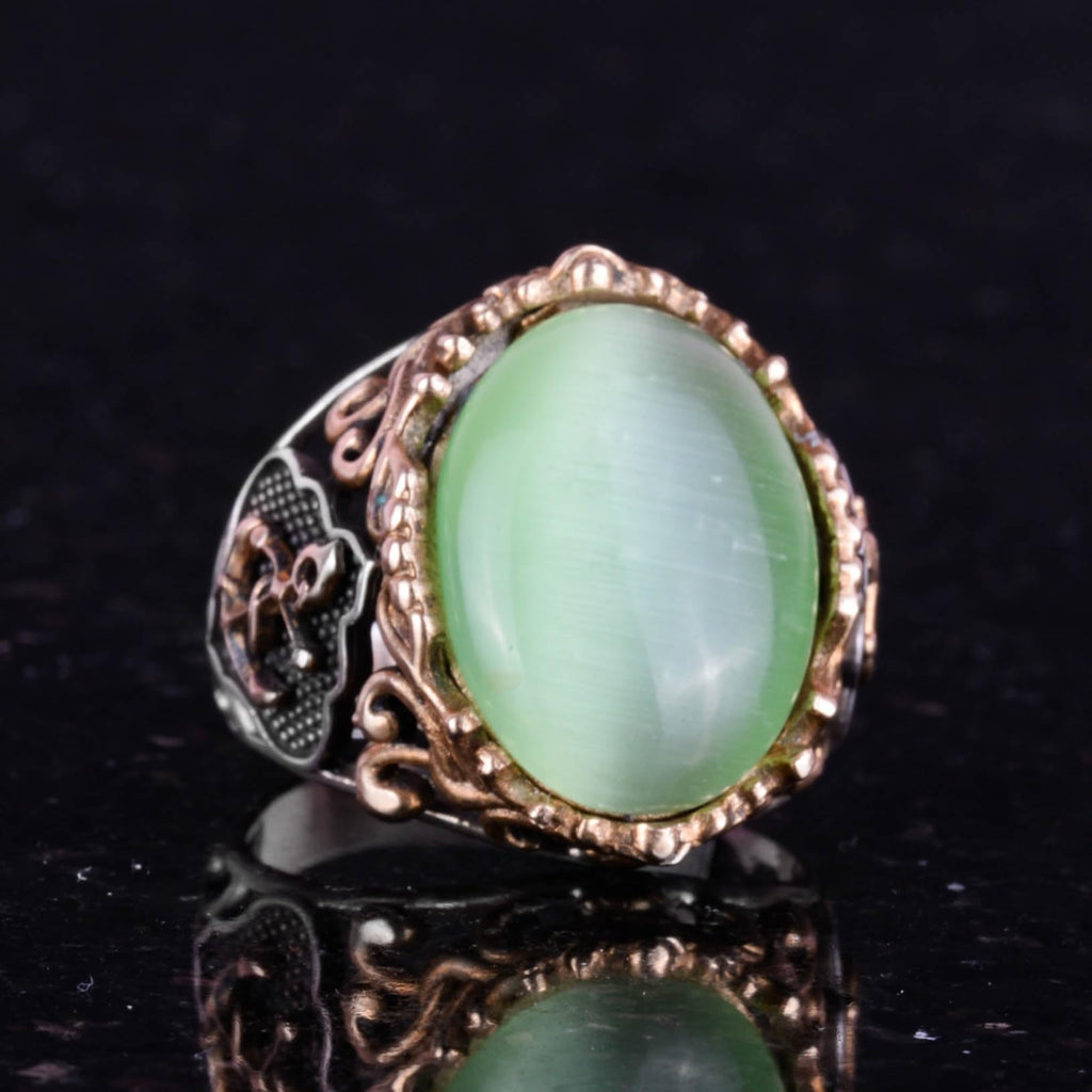 Light Green Cat's Eye Stone Ring, Nautical Anchor Silver Ring, 925 Sterling Silver - Various Collection — 5