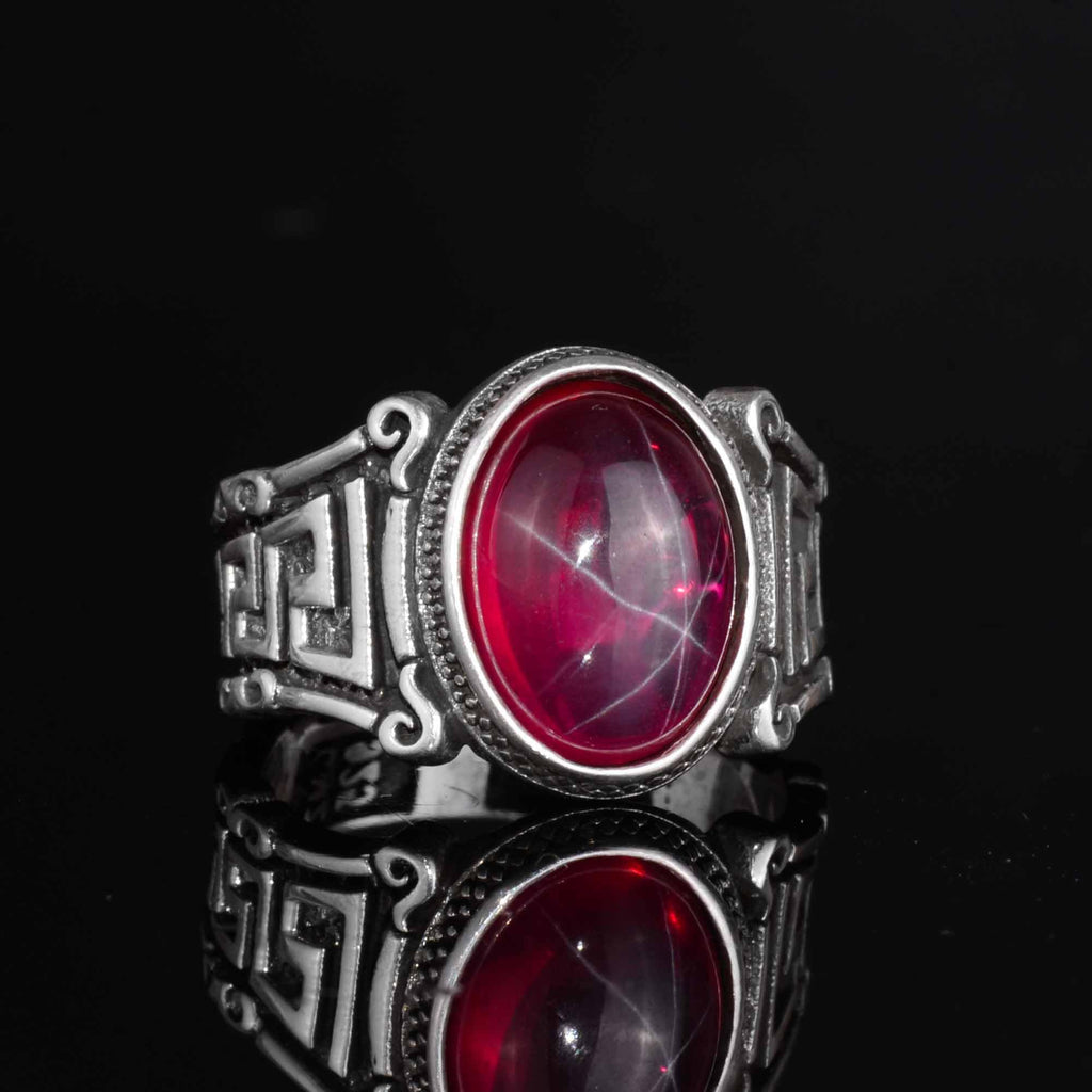 KAMBO 925 Sterling Silver Natural Stone Men's Ring – Labyrinth Pattern Handmade Vintage Statement Ring (Star Ruby) — 6
