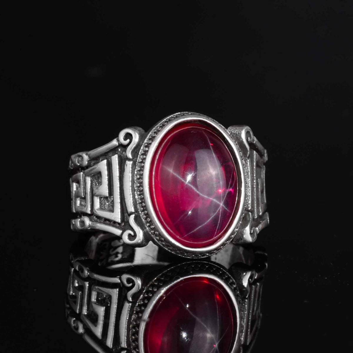 KAMBO 925 Sterling Silver Natural Stone Men's Ring – Labyrinth Pattern Handmade Vintage Statement Ring (Star Ruby) — 6