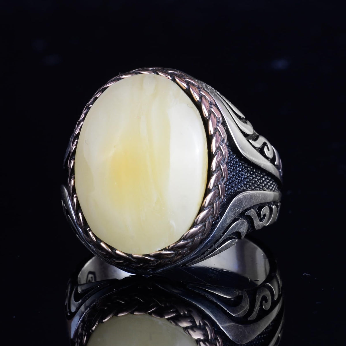 KAMBO Men's Natural Baltic Amber Stone Ring – 925 Sterling Silver Handmade Statement Ring – Authentic Amber Jewelry with Ottoman Style Details (Style-14) — 5