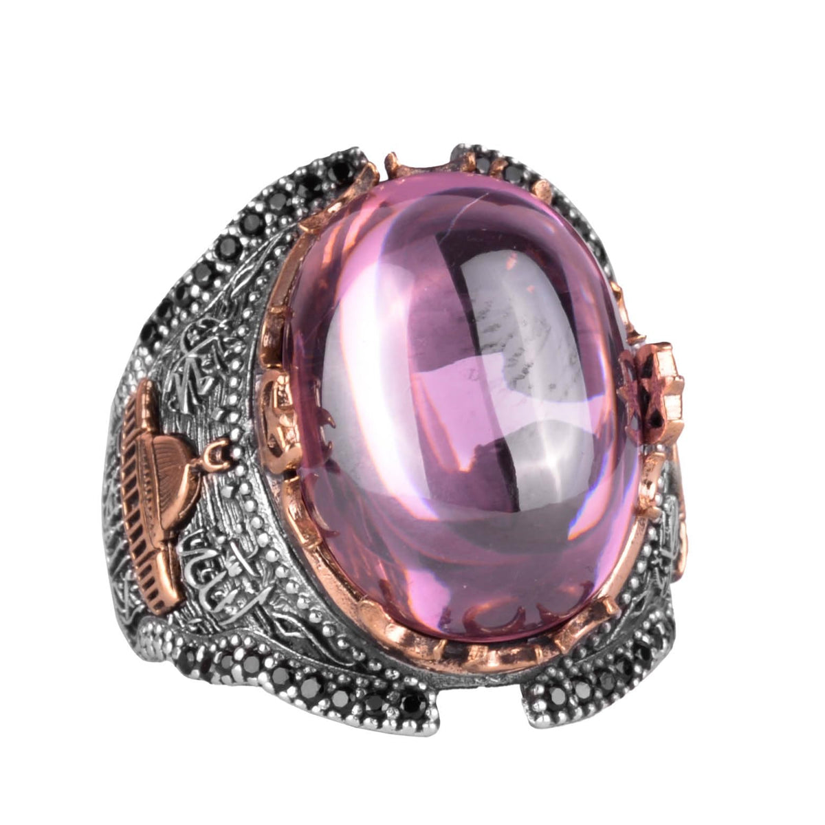 Kambo 925 Sterling Silver Men's Ring - Islamic Ring with Synthetic Pink Topaz Stone and Mosque Motif