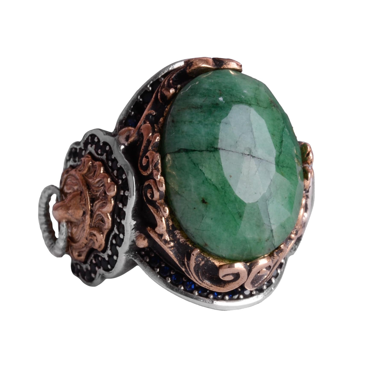 Natural Emerald Stone Ring, Lion Signal Ring - 925 Sterling Silver Ring