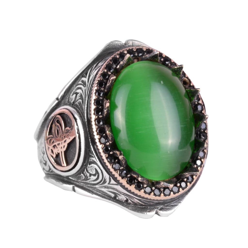 925 Sterling Silver Men's Ring - Natural Green Bluestone