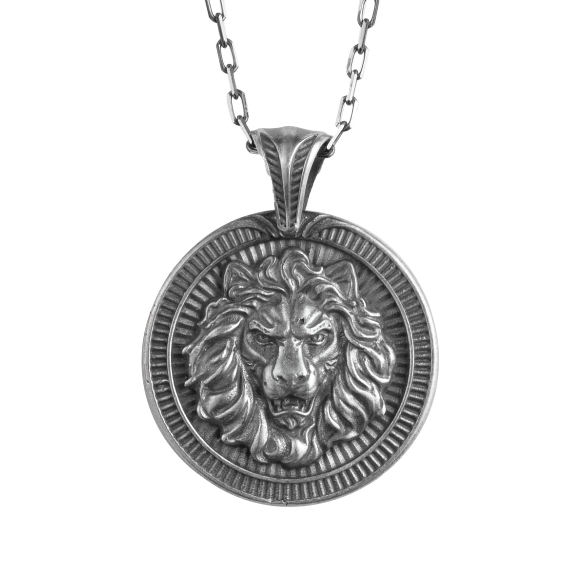 KAMBO Lion Head Medallion Necklace - 925 Sterling Silver Handmade Chain Men's Necklace - Symbol of Strength and Leadership (Silver)