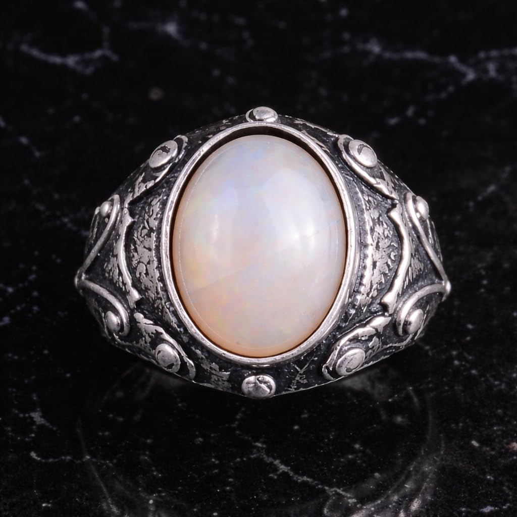 KAMBO Natural Opal Stone Men's Ring 925 Sterling Silver Oval Cabochon Industrial Design Handmade Ring — 4