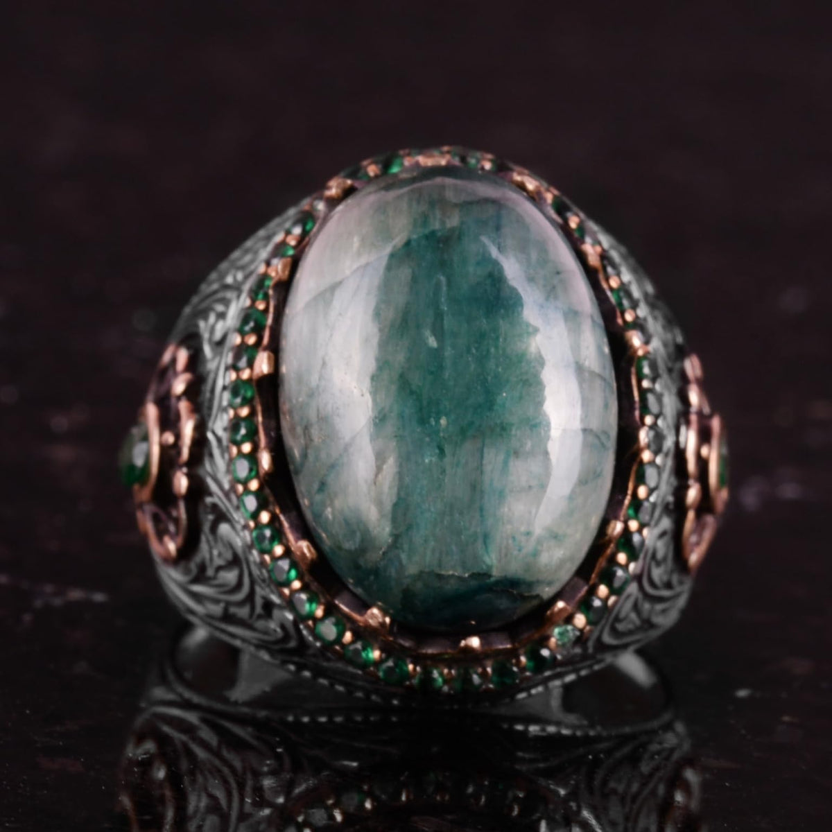 Synthetic Stone Ring - 925 Sterling Silver Handmade Ring - Synthetic Cabochon Emerald Ring — 4