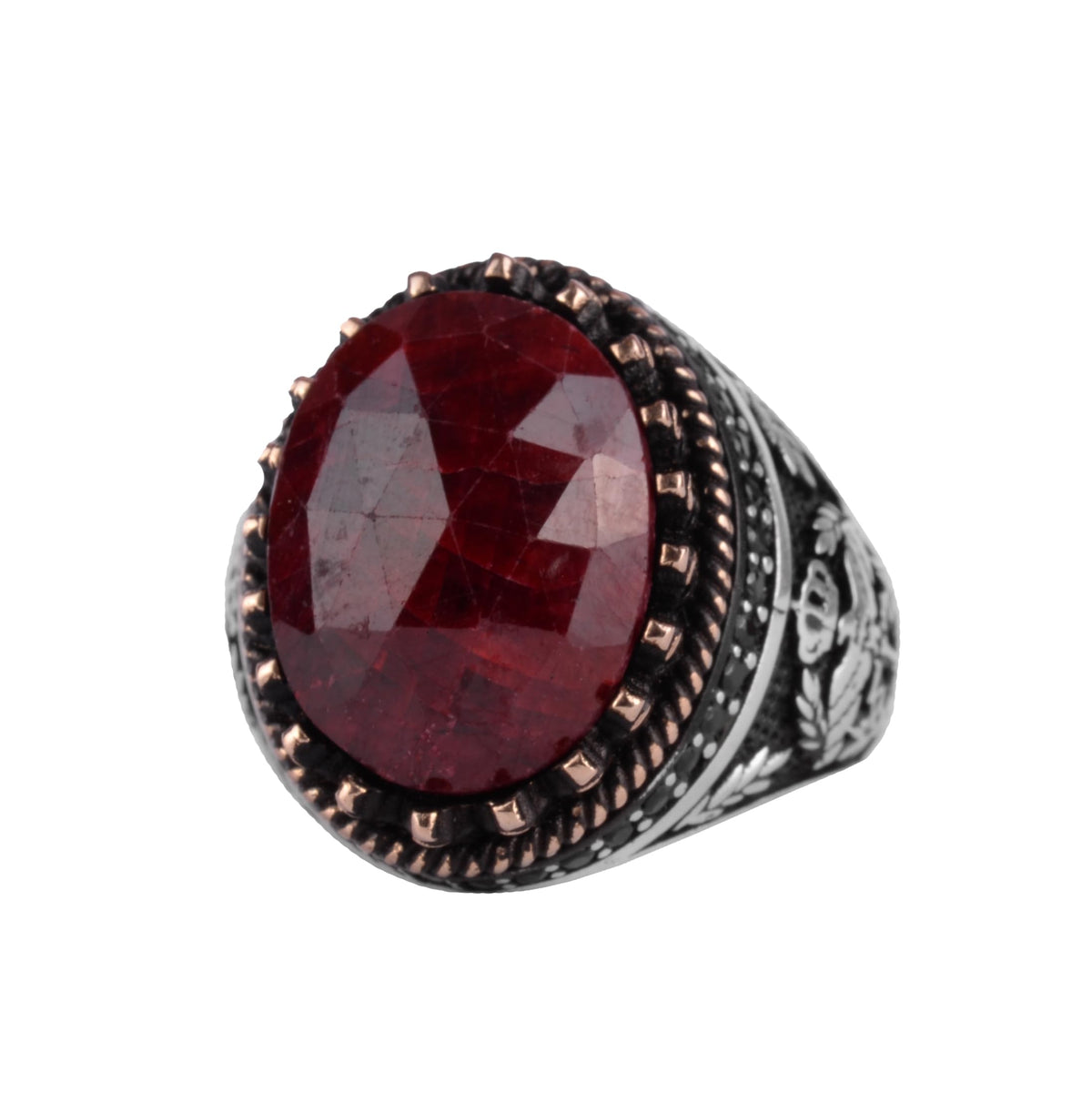 KAMBO Natural Sapphire 925 Sterling Silver Eagle Designed Men's Ring – Handmade Ottoman Style Statement Ring (Red Sapphire)