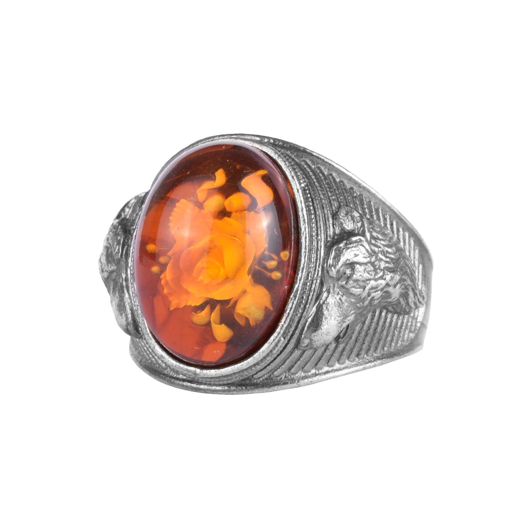 KAMBO Natural Stone Men's Ring – 925 Sterling Silver Ring – Wolf Head Expression – Vintage Men's Jewelry (Amber)
