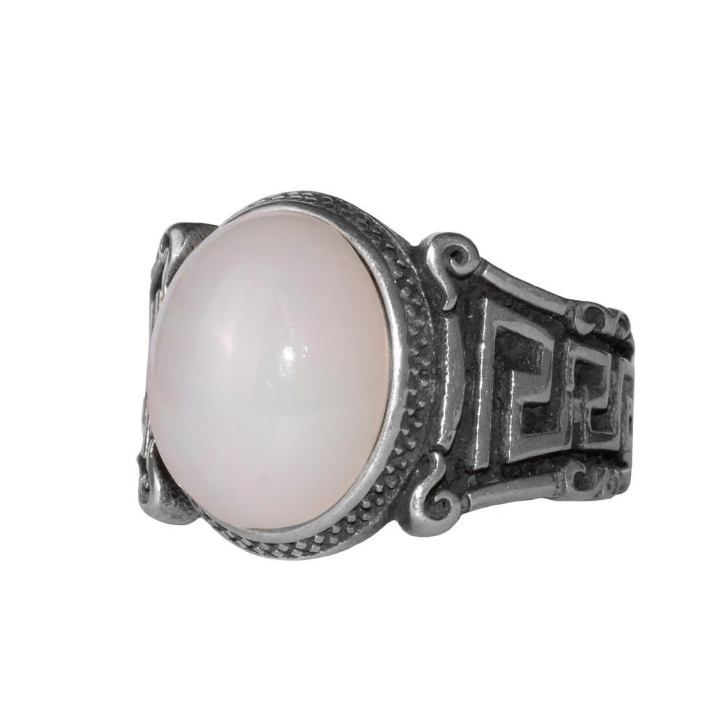KAMBO Natural Opal Men's Ring 925 Sterling Silver Greek Key Pattern Seal Ring Oval White Stone Vintage Style