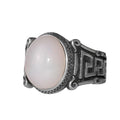 KAMBO Natural Opal Men's Ring 925 Sterling Silver Greek Key Pattern Seal Ring Oval White Stone Vintage Style