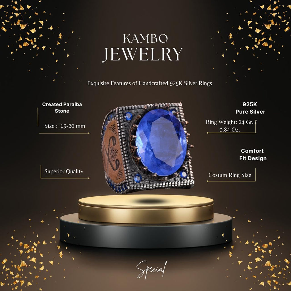 925 Sterling Silver Islamic Ring, Artificial Stone Ring, Handcrafted Calligraphy Ring (Dark Blue Paraiba) — 2