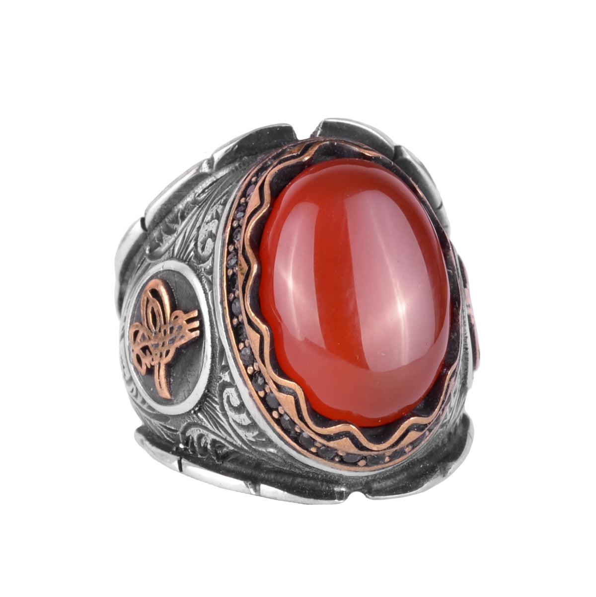 Handmade Natural Red Agate Stone Ring, Ottoman Silver Tugra 925