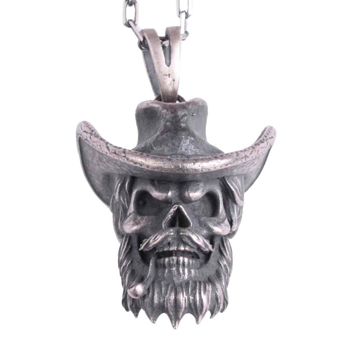 KAMBO 925 Sterling Silver Gothic Cowboy Skull Necklace – Chain for Men with Smoking Bearded Skeleton Necklace – Handmade Biker Style Jewelry