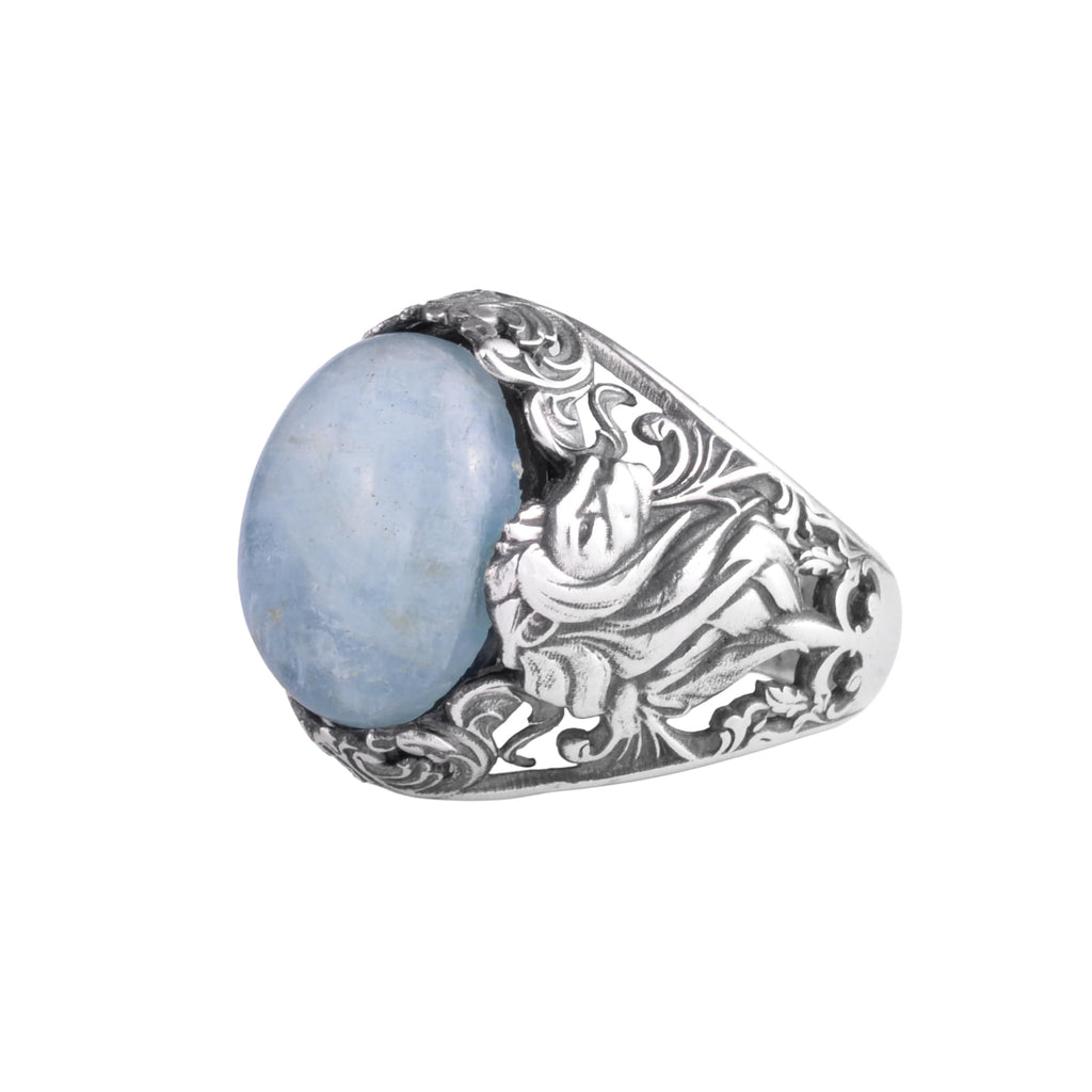 KAMBO Natural Stone Men's Ring 925 Sterling Silver - Flower Engraved Statement Ring - Handmade Vintage Ring for Men (Aquamarine)