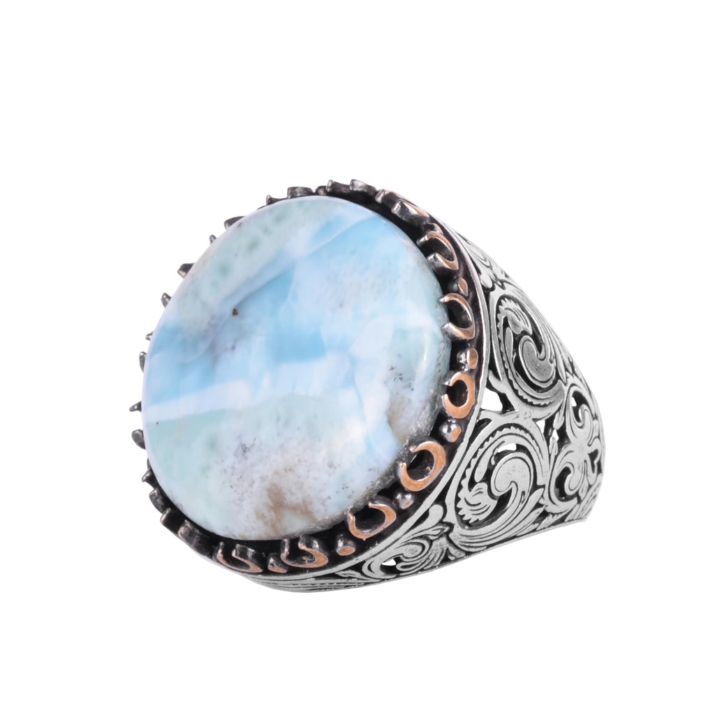 KAMBO Natural Stone Round Large Men's Ring – 925 Sterling Silver Handmade Ring – Statement Ring – Vintage Ottoman Style Men's Jewelry (Larimar)