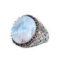 KAMBO Natural Stone Round Large Men's Ring – 925 Sterling Silver Handmade Ring – Statement Ring – Vintage Ottoman Style Men's Jewelry (Larimar)