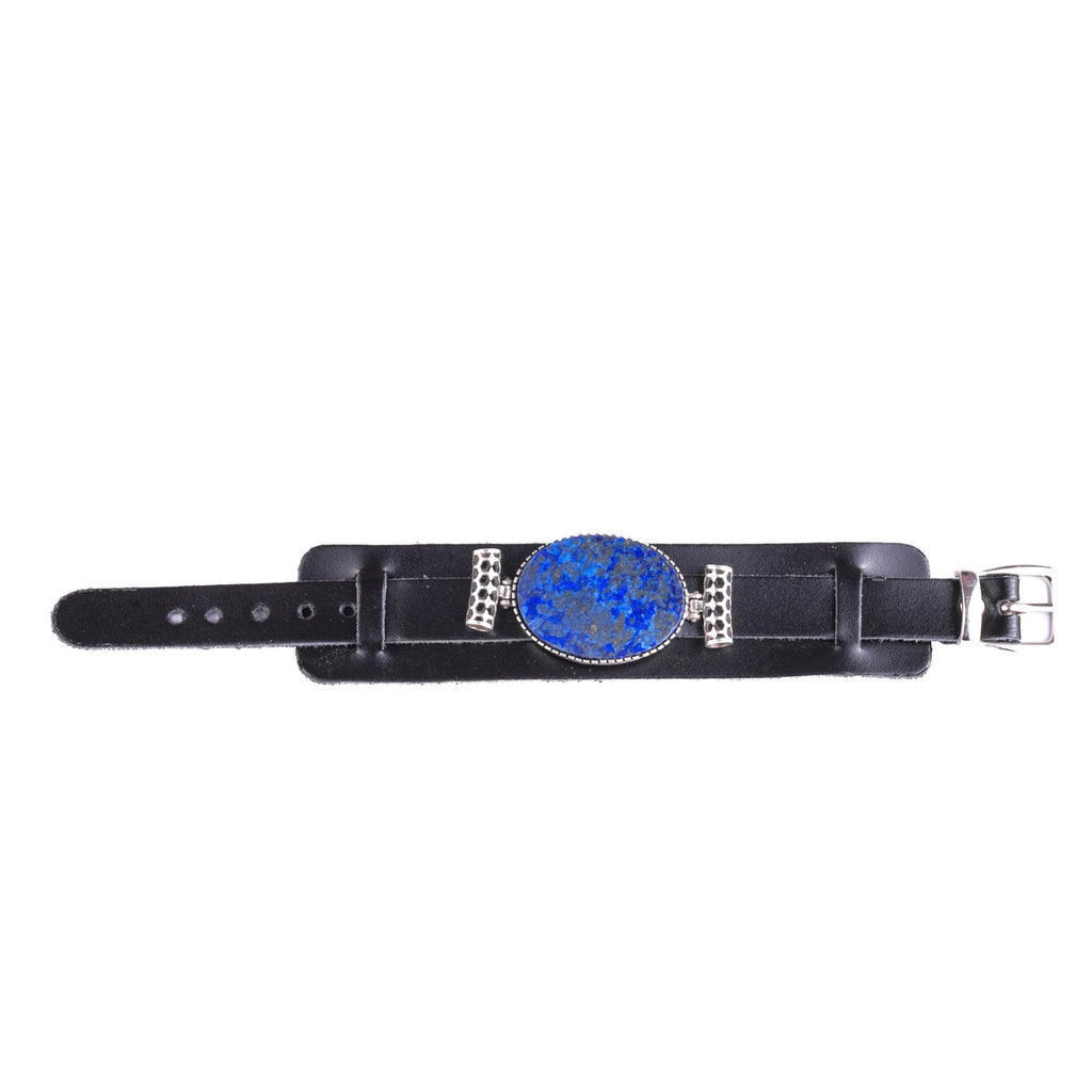 KAMBO Natural Lapis Lazuli Genuine Leather Cuff Bracelet for Men, Stone in 925 Sterling Silver Frame, Handmade Wide Wris