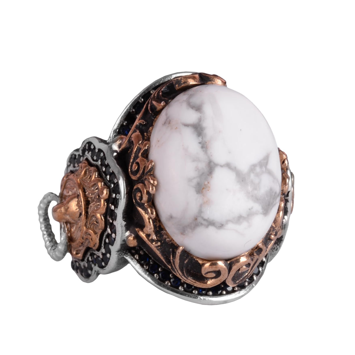 Lion Ring - Handmade Howlite Stone Ring - 925 Sterling Silver Men's Ring