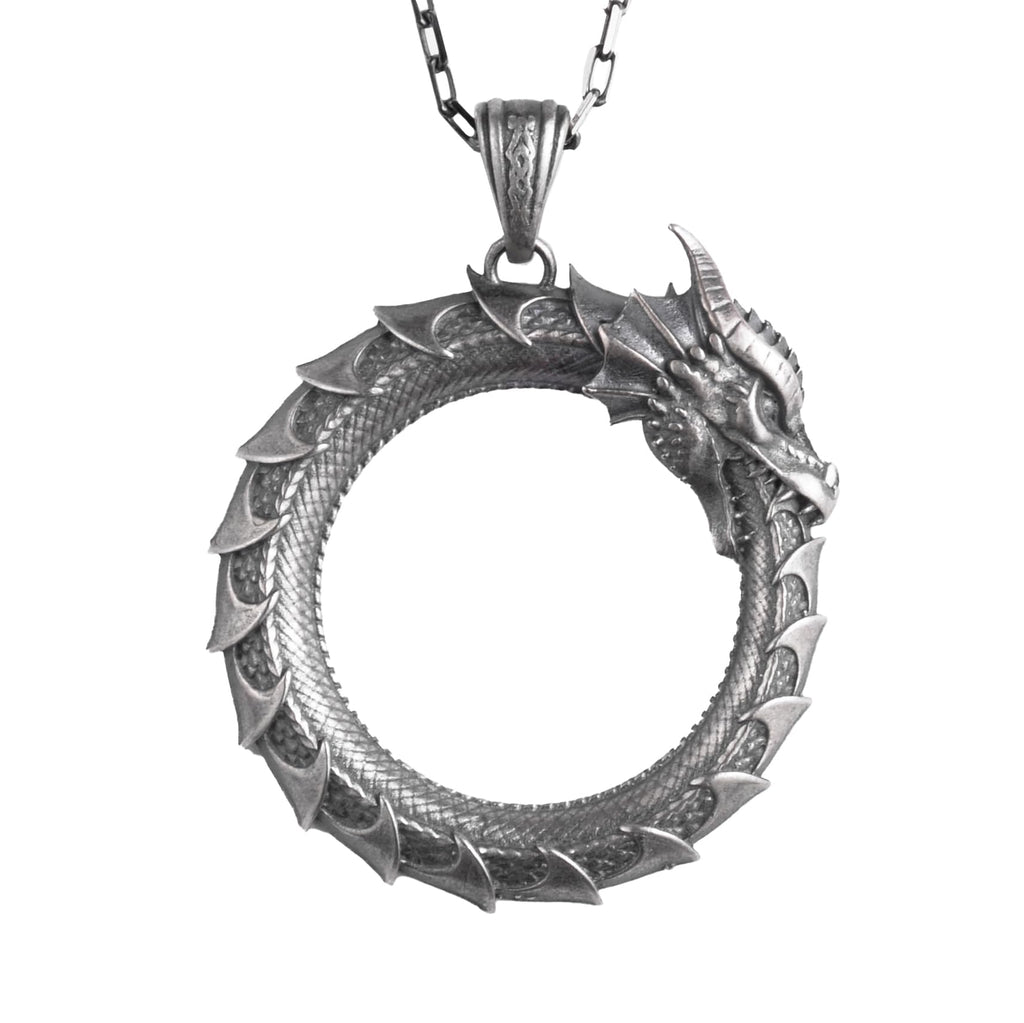 KAMBO Ouroboros Dragon Necklace for Men – 925 Sterling Silver Handmade Scandinavian Style Jewelry with Symbol of Infinity and Rebirth (Silver)