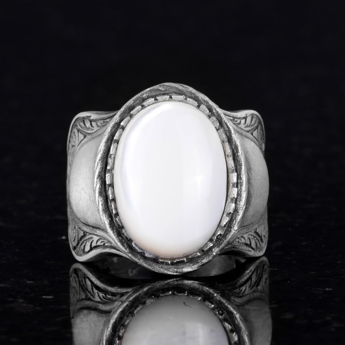 Natural Mother of Pearl Stone Ring, 925 Sterling Silver Men's Ring — 4