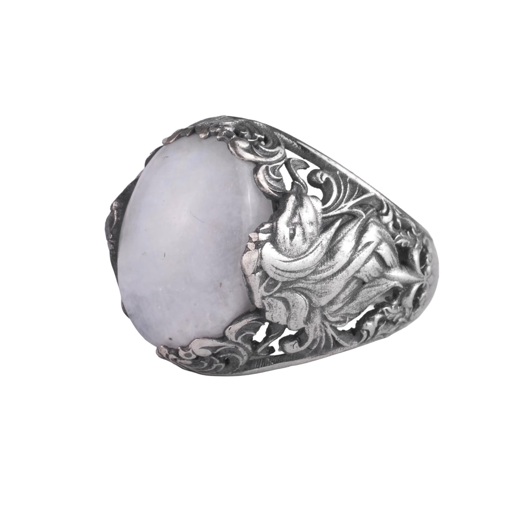 KAMBO Natural Stone Men's Ring 925 Sterling Silver - Large Flower Engraved Statement Ring - Handmade Vintage Ring for Men (Moonstone)