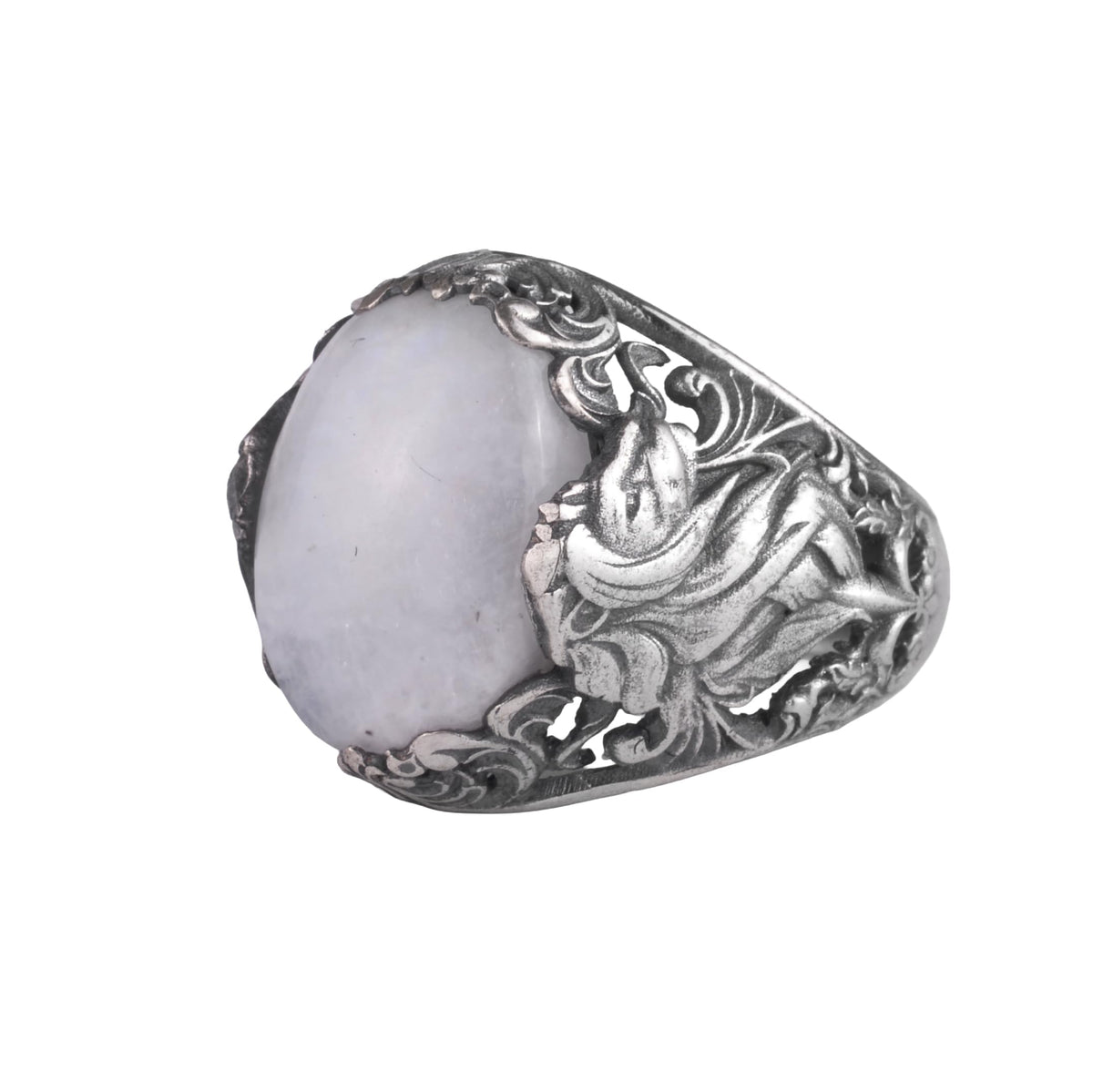 KAMBO Natural Stone Men's Ring 925 Sterling Silver - Large Flower Engraved Statement Ring - Handmade Vintage Ring for Men (Moonstone)