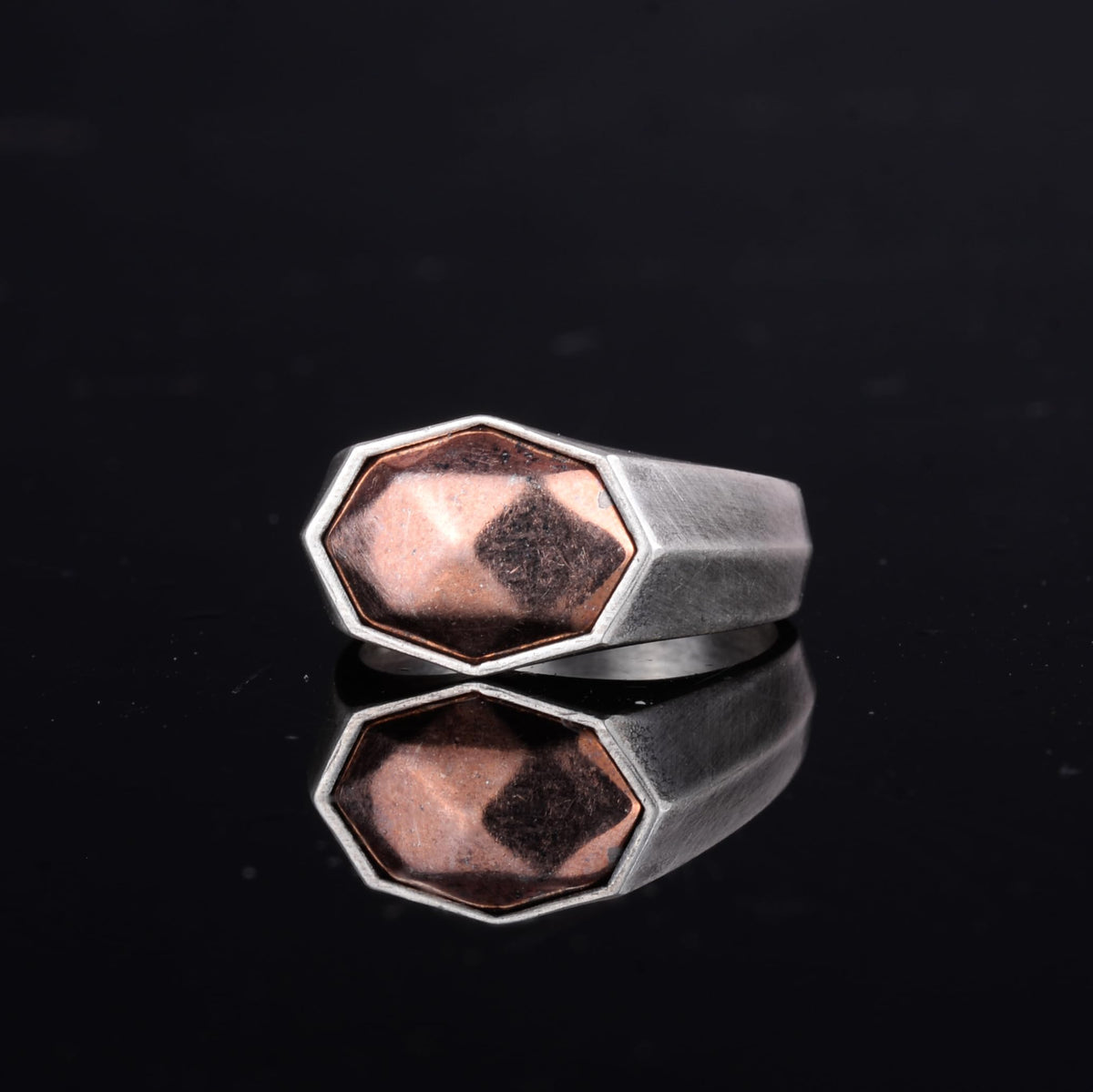 KAMBO Bronze Detailed 925 Sterling Silver Hexagonal Men's Ring – Handmade Geometric Design – Modern Vintage Silver Ring — 5