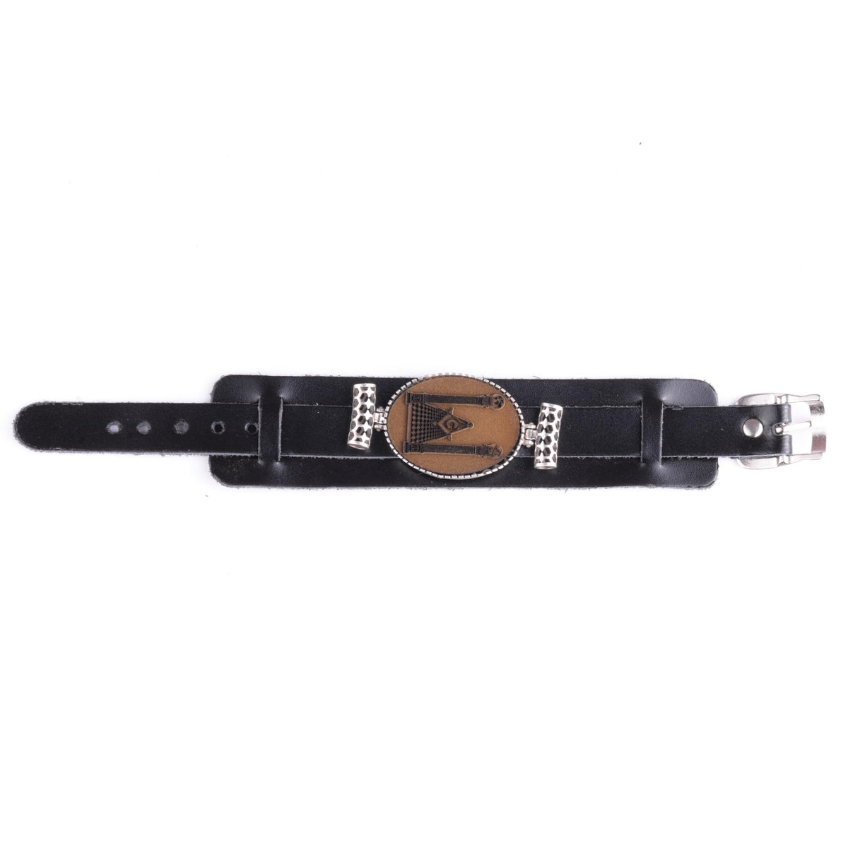 KAMBO Genuine Leather Cuff Bracelet for Men, Masonic Emblem Medallion in 925 Sterling Silver Frame, Handmade Wide Wristb