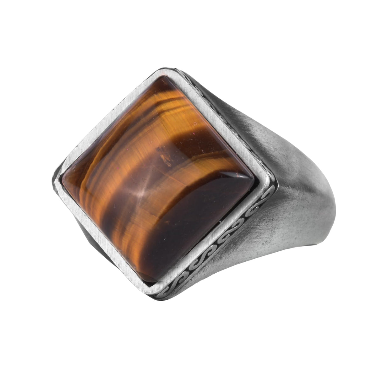 KAMBO Natural Stone Men's Ring 925 Sterling Silver – Square Cut Stone Handmade Minimalist Statement Ring (Tiger's Eye)