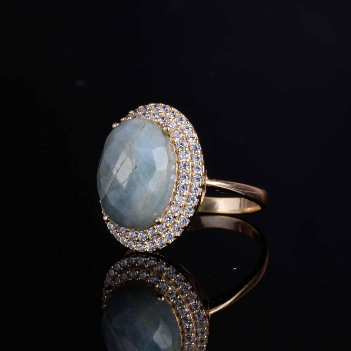 KAMBO 925 Sterling Silver Women's Ring - Oval Natural Stone - Bright Crystal Halo with Gold Plating - Elegant Handmade Jewelry (Aquamarine) — 7