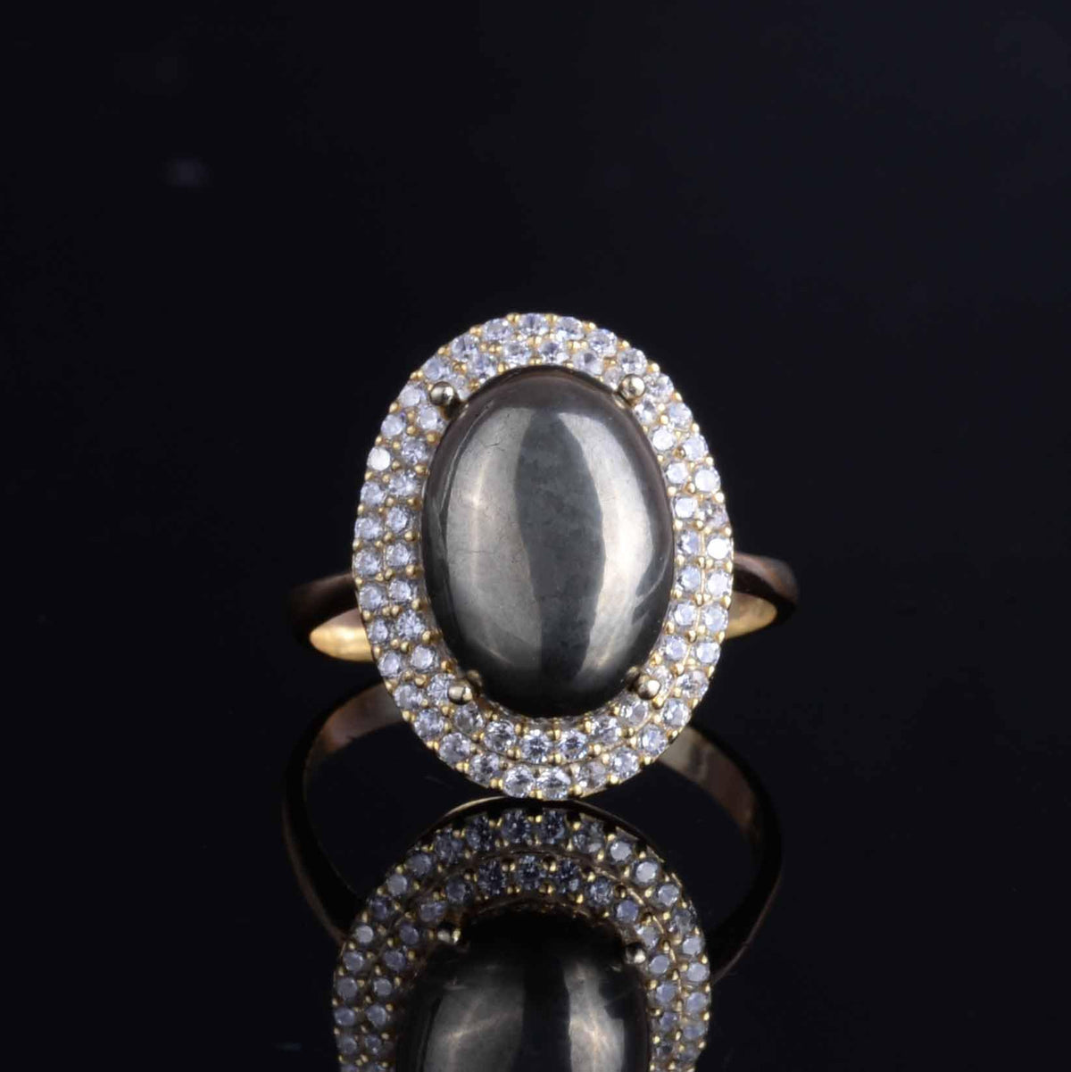 KAMBO 925 Sterling Silver Women's Ring – Oval Natural Stone – Bright Crystal Halo with Silver Gold Plating – Elegant Handmade Jewelry (Pyrite) — 4