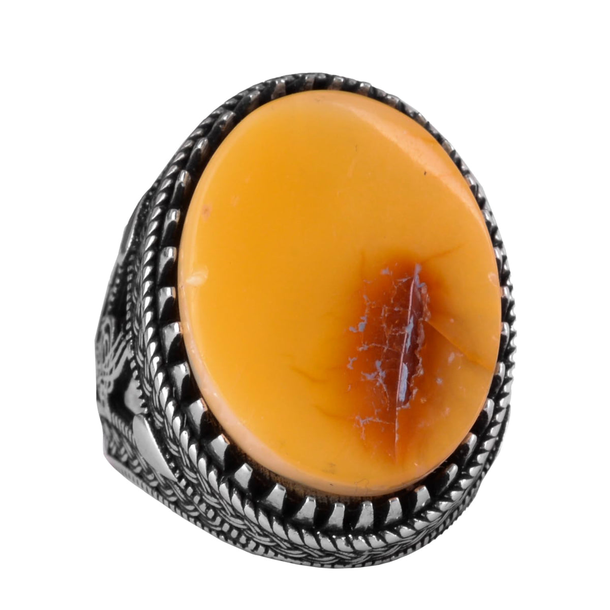 KAMBO Ottoman Tugra Design Natural Amber Stone Ring - 925 Sterling Silver Handmade (Model-3)
