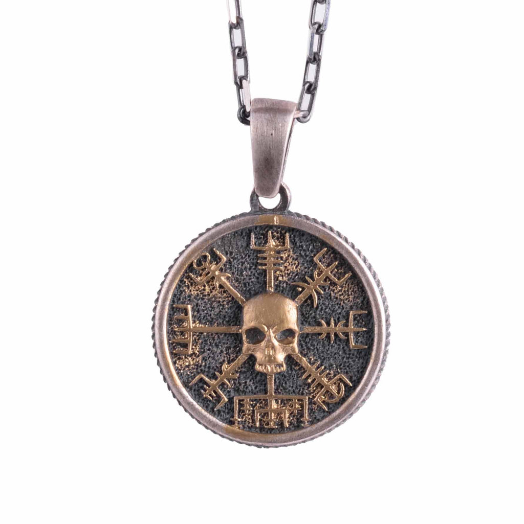KAMBO 925 Sterling Silver Skull Necklace – Viking Compass Vegvisir with Scandinavian Runes – Handmade Scandinavian Amulet (Gold Plated)