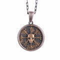 KAMBO 925 Sterling Silver Skull Necklace – Viking Compass Vegvisir with Scandinavian Runes – Handmade Scandinavian Amulet (Gold Plated)