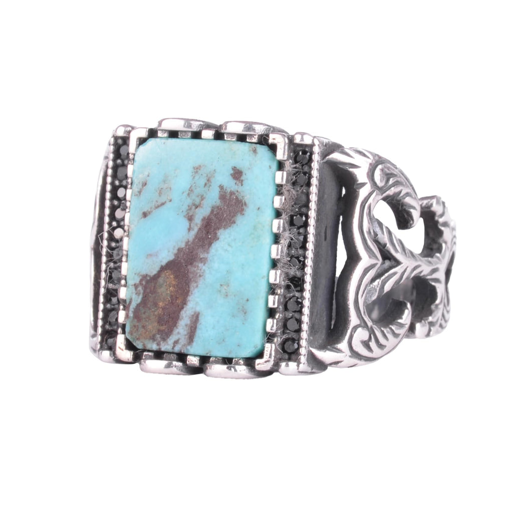 KAMBO Natural Turquoise Stone Men's Ring 925 Sterling Silver Rectangular Handmade Geometric Ring (Turquoise-1)