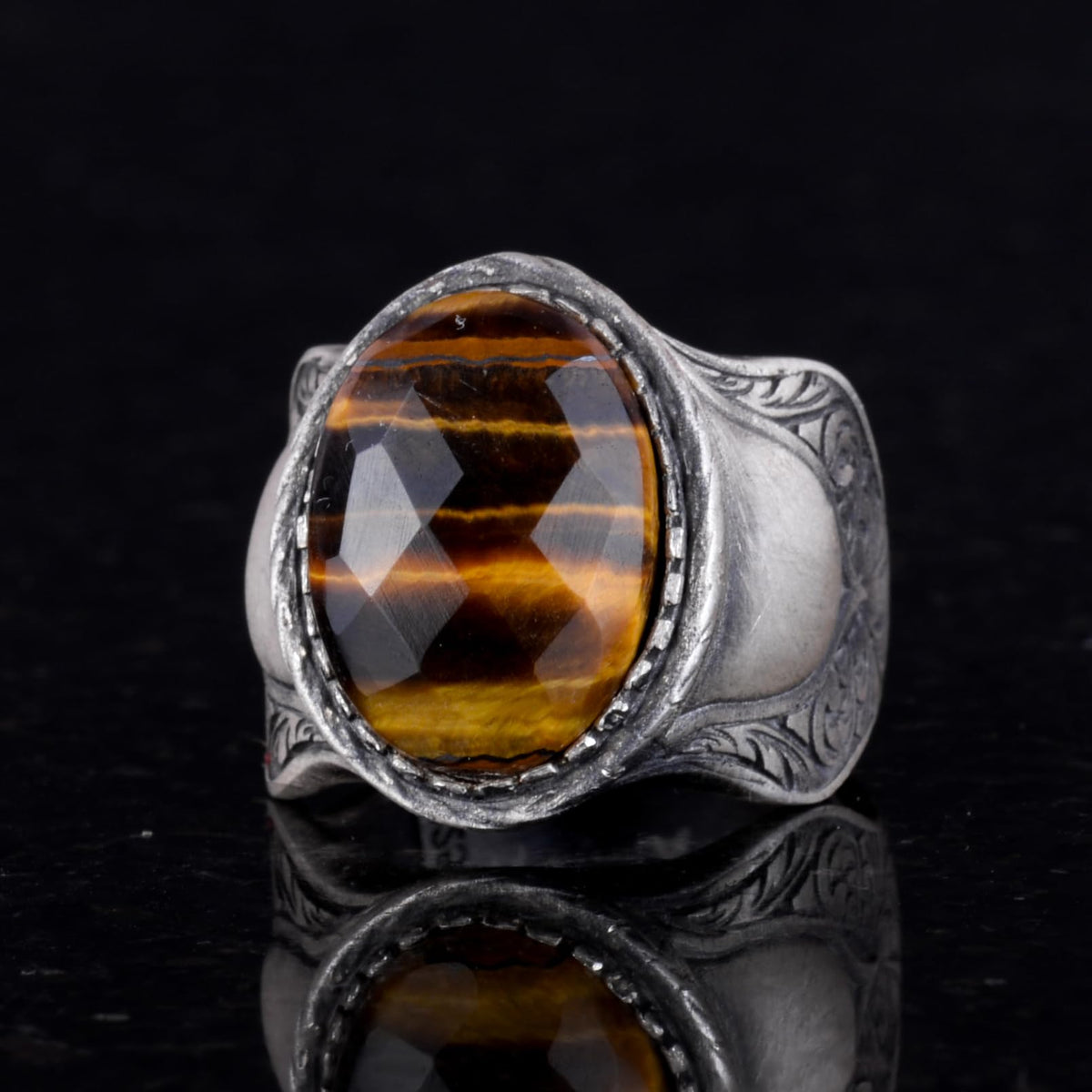 Natural Stone Ring, 925 Sterling Silver Ring, (Tiger Eye) — 4