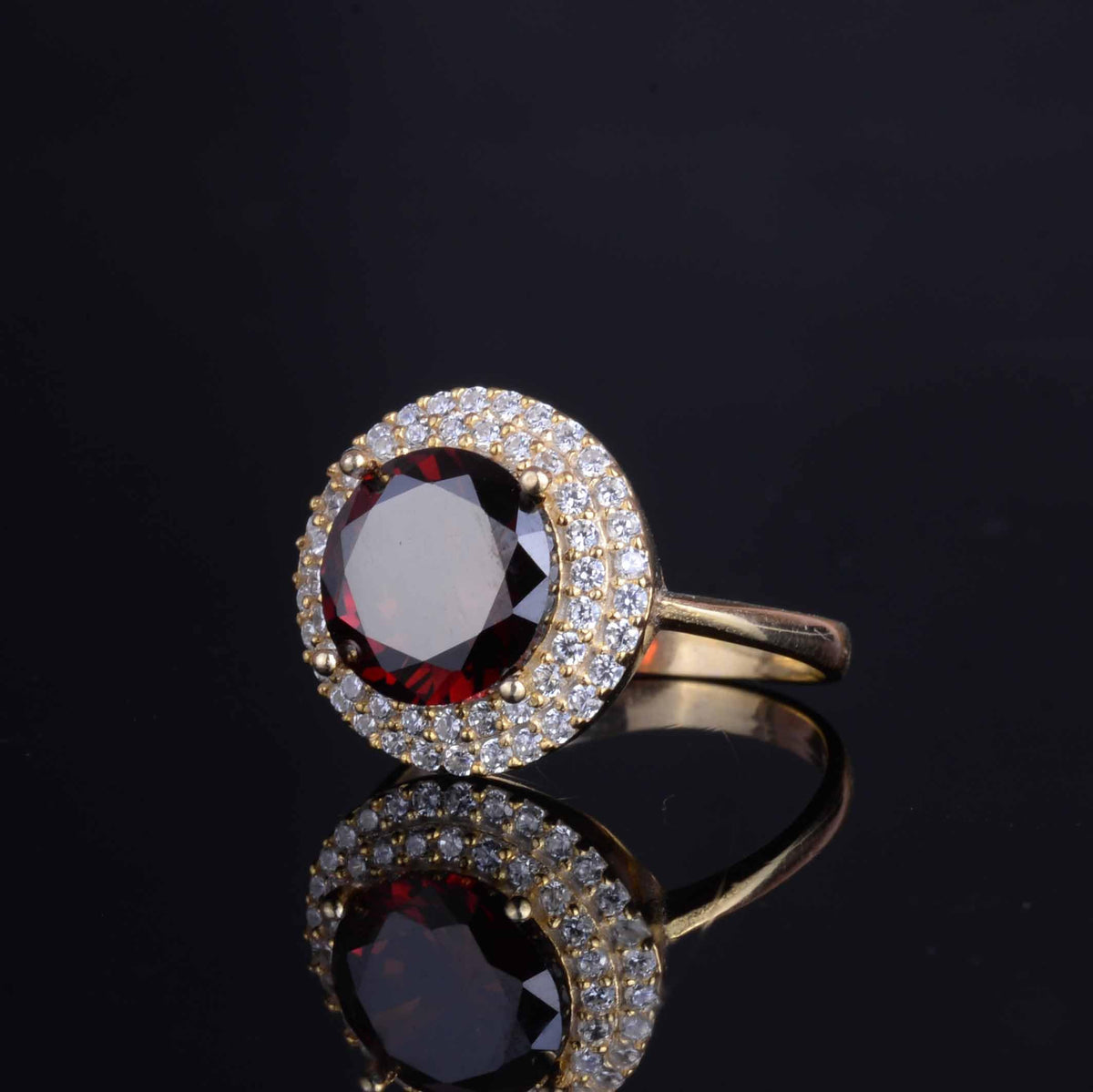 KAMBO 925 Sterling Silver Cream Round Stone Women's Ring - Gold Plated Elegant Halo Design Ring (Synthetic Garnet) — 5