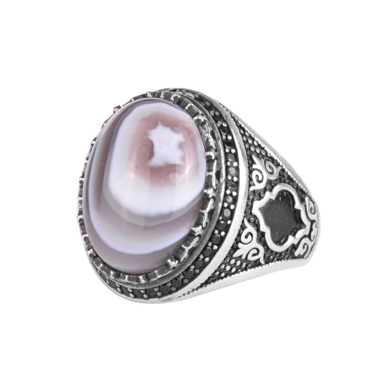 KAMBO Natural Agate Stone Men's Ring – Band Stone – 925 Sterling Silver Handmade Statement Ring – Vintage Ottoman Style Men's Jewelry (Agate-3)