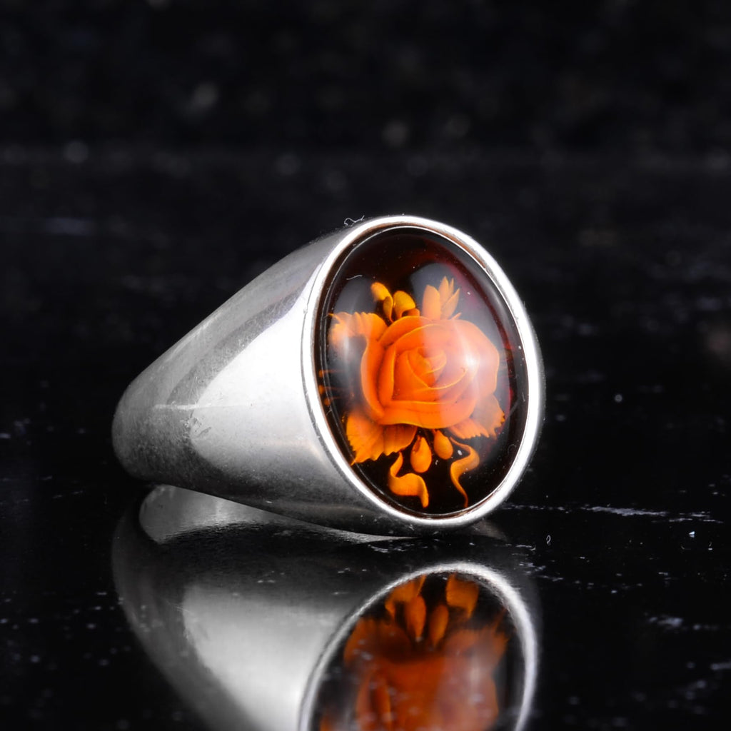 KAMBO Natural Amber Rose Carved Ring 925 Sterling Silver Men's Ring Oval Stone Handmade Vintage Flower Design — 6