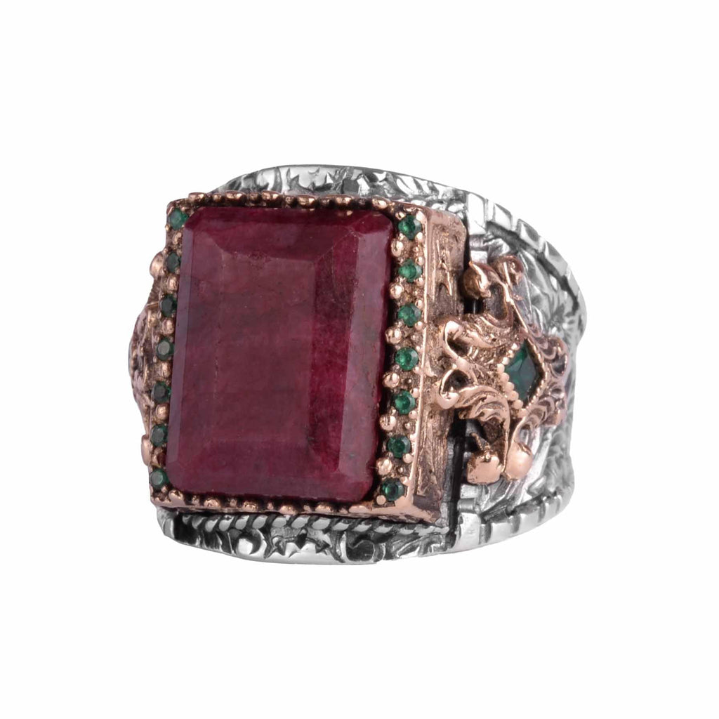KAMBO 925 Sterling Silver Natural Ruby Men's Ring – Handmade Ottoman Style Statement Ring – Vintage Turkish Jewelry