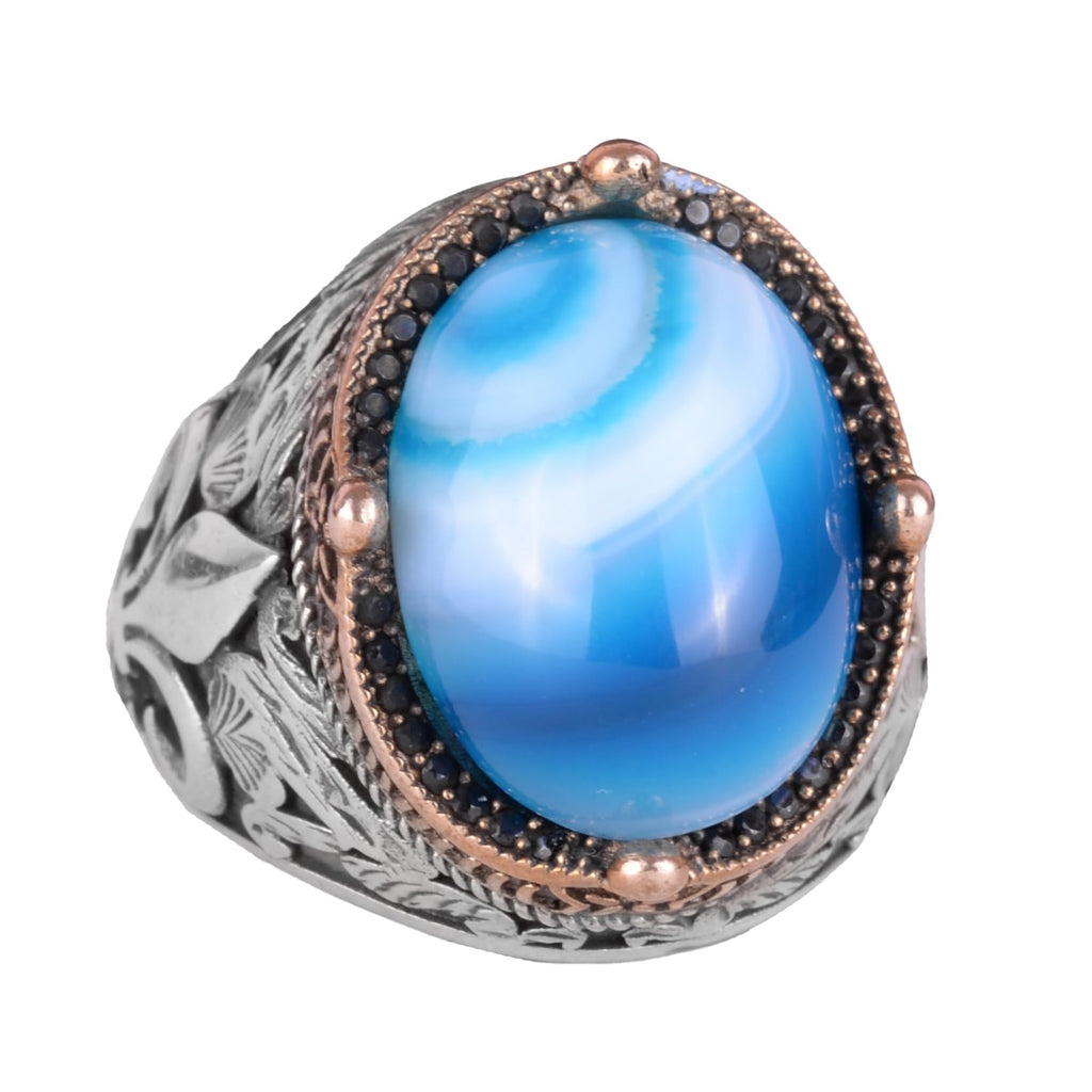 Kambo Handmade Men's Ring in 925K Silver - Available with Various Natural Gemstones (Blue Agate)