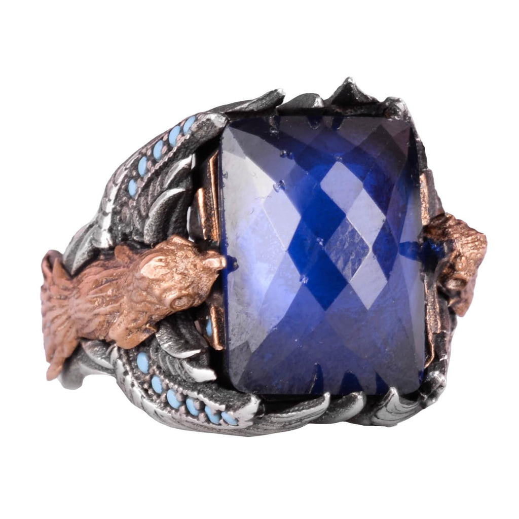 Kambo Synthetic Sapphire Stone Eagle Symbol Handcrafted 925 Sterling Silver Ring