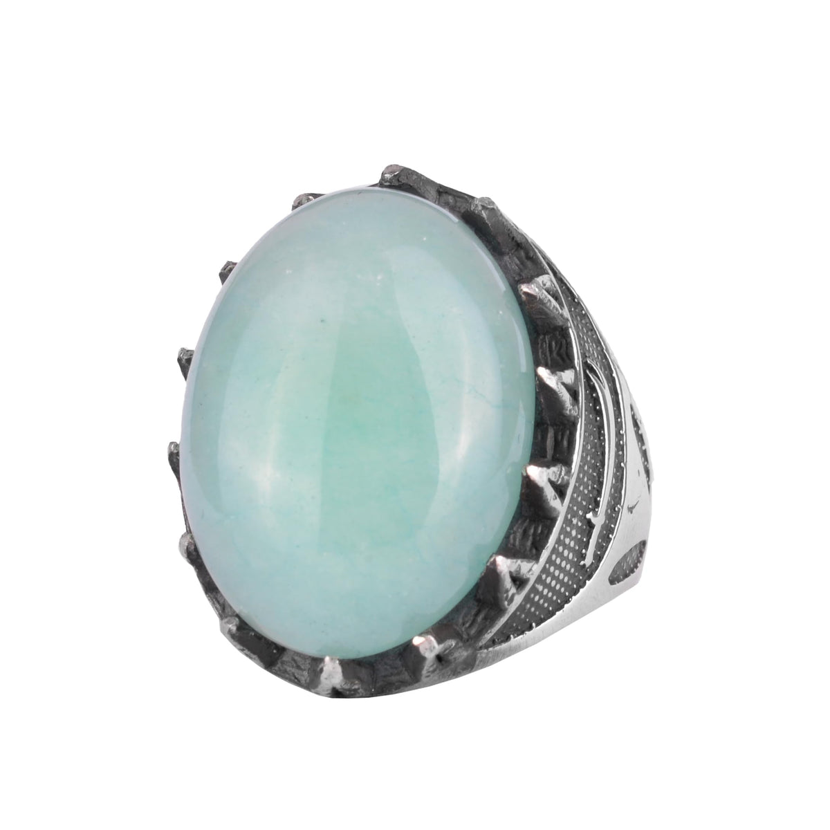 KAMBO Natural Stone Men's Large Ring – 925 Sterling Silver Ottoman Sword Motif Signet Ring (Chalcedony)